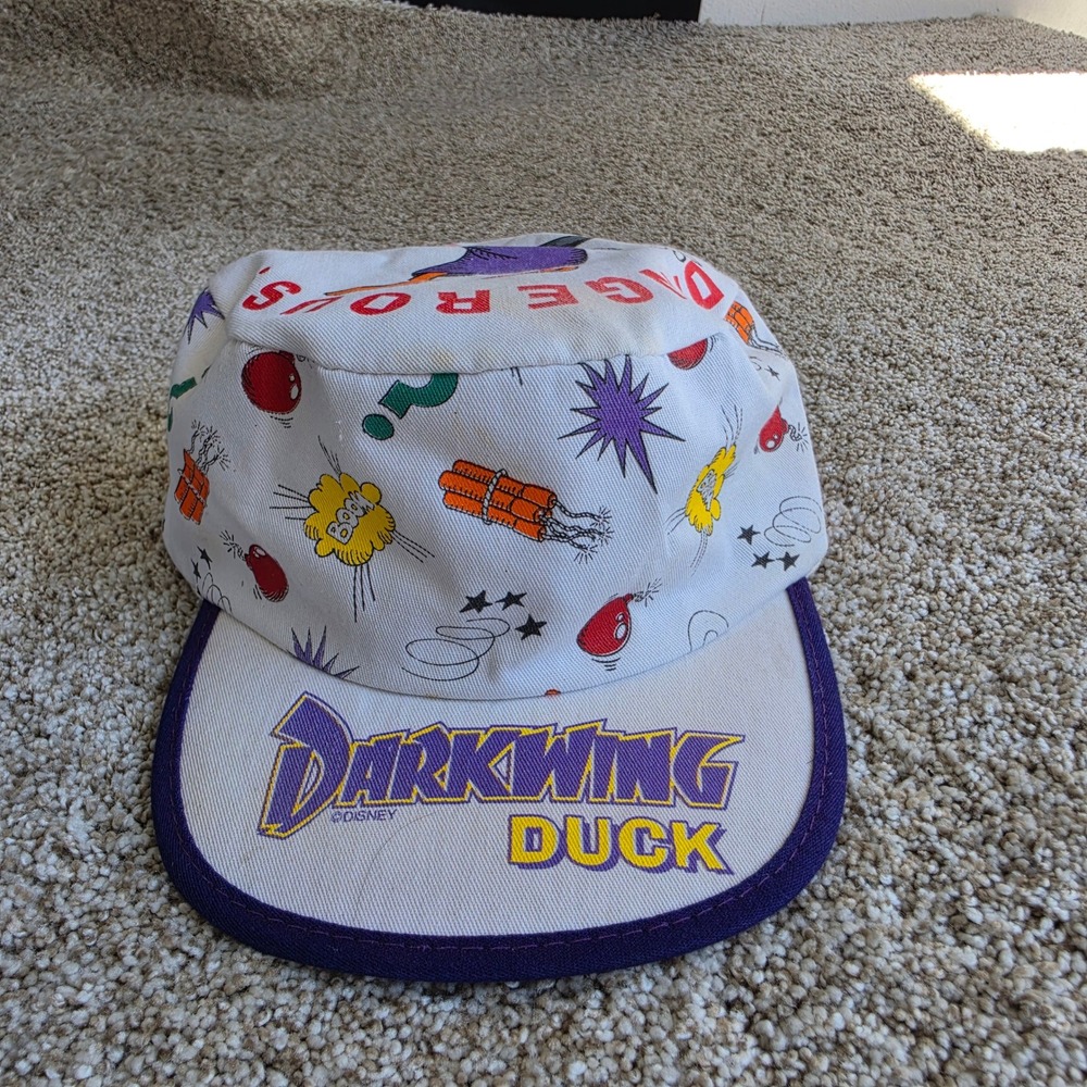 VINTAGE Disney Darkwing Duck Hat Youth White Cotton 90s Cartoon Painter Cap USA